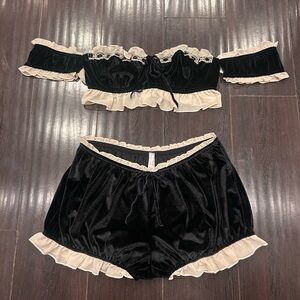 Urban Outfitters Out From Under off the shoulder black velvet ruffle set